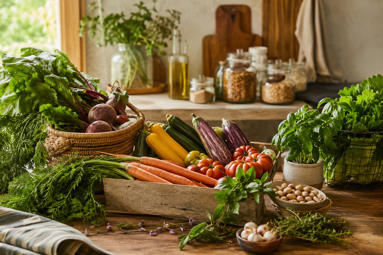 Seasonal ingredients on a kitchen table